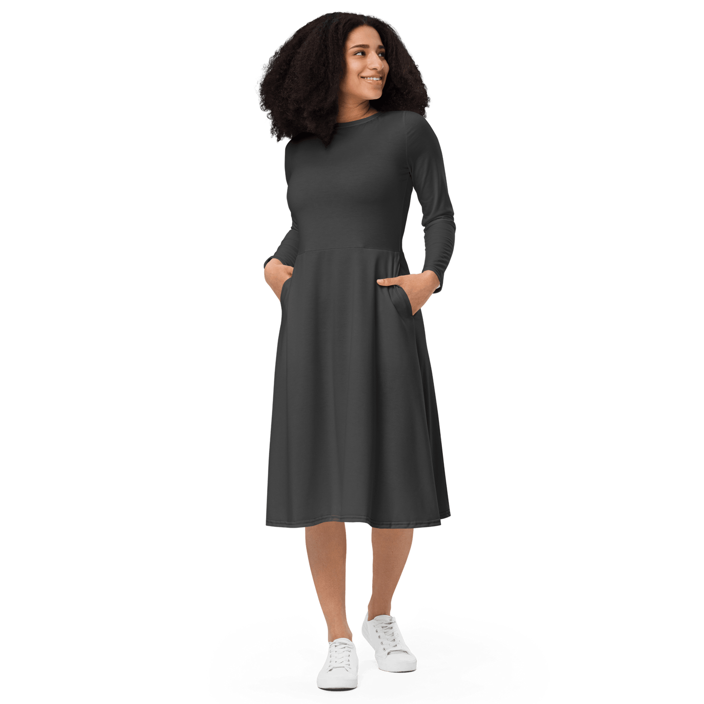 'Solid Grey' Long Sleeve Midi Dress - barkerclothing