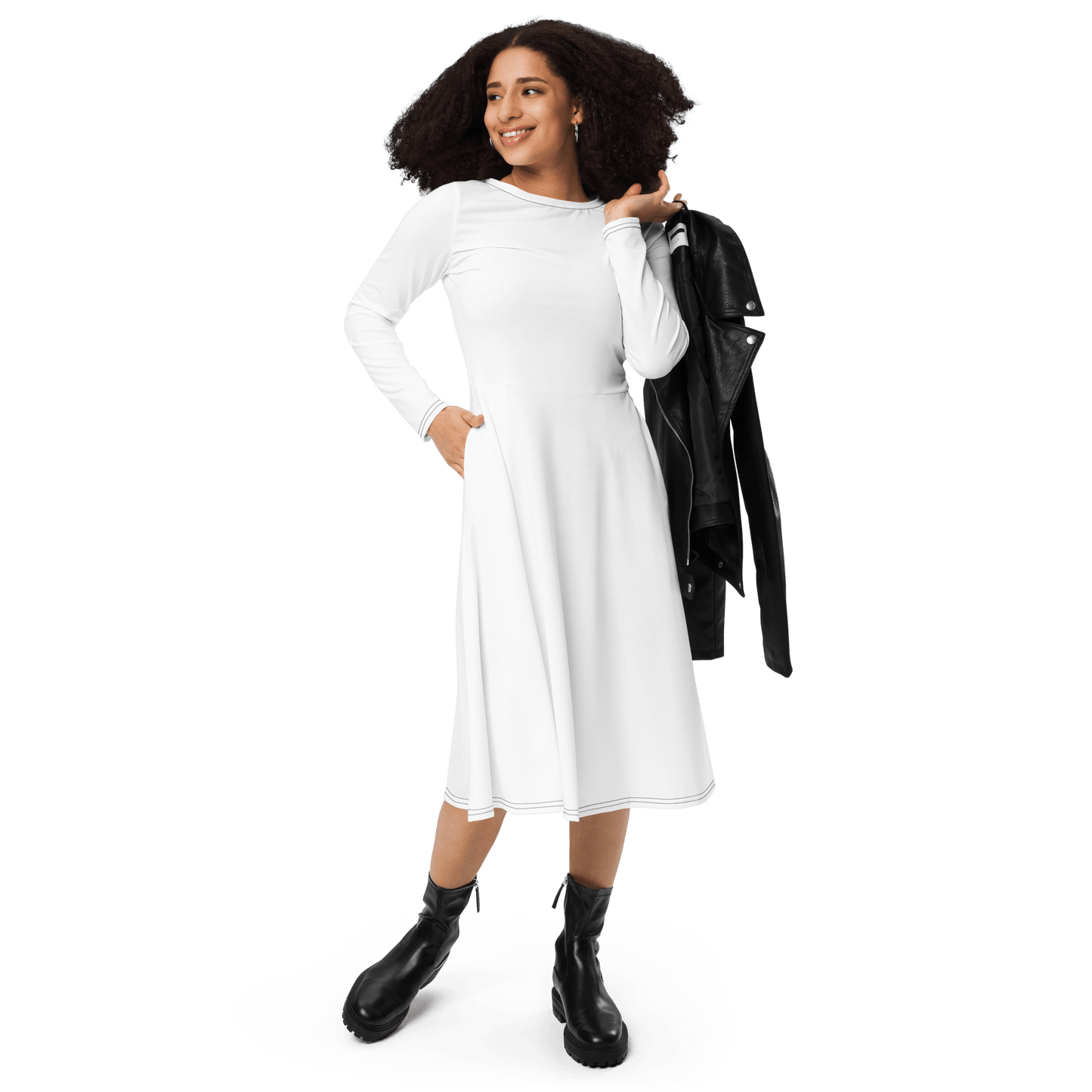 'Solid White' Long Sleeve Midi Dress - barkerclothing