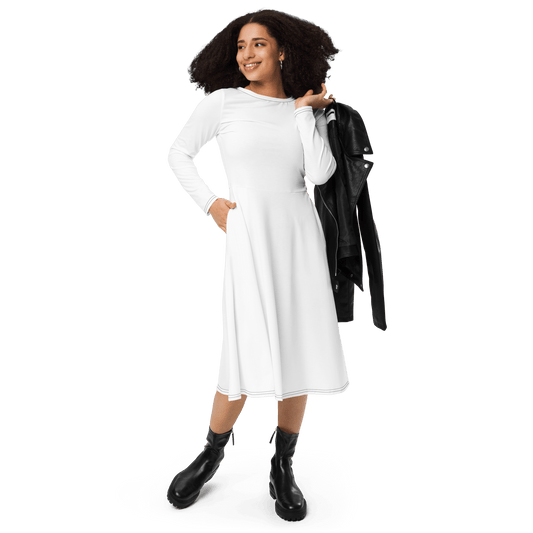 'Solid White' Long Sleeve Midi Dress - barkerclothing